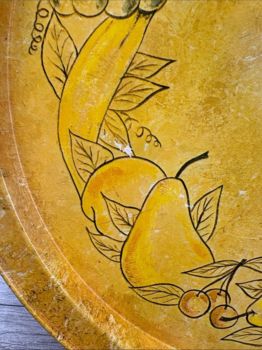Vintage Large Yellow Metal Tole Fruit Motif Serving Tray